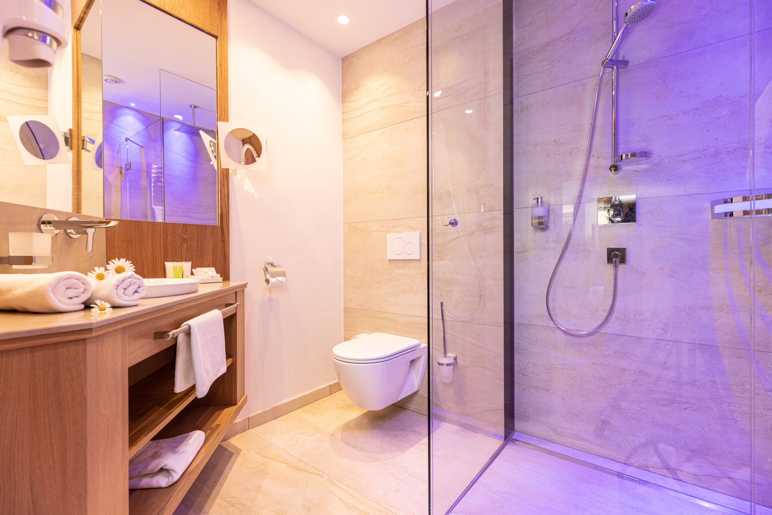 Badezimmer mit Waschtisch, Spiegel, Toilette, ebenerdige Dusche mit Glaswand